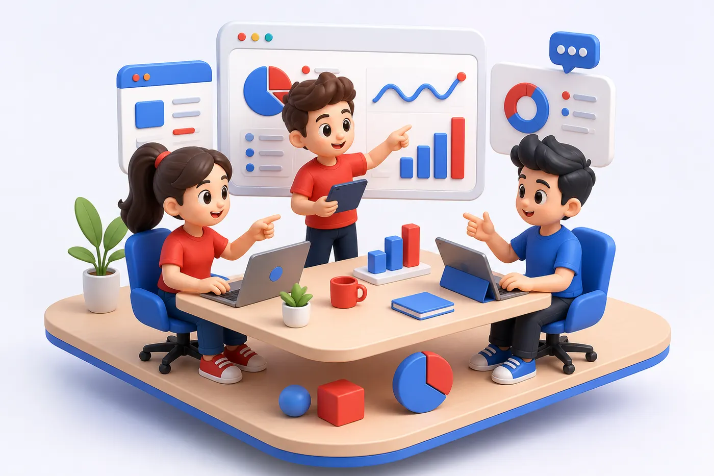3D cartoon team collaborating at Next Byte